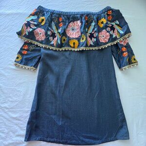 Boston Proper Blue Dress Womens Chambray Embroidered Beaded Ruffle Mini SizeXXS